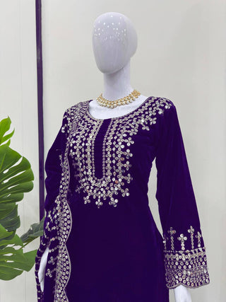 Purple Luxurious Viscose Velvet Plazo Set with Embroidered Dupatta Clothsvilla