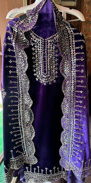 Purple Luxurious Viscose Velvet Plazo Set with Embroidered Dupatta Clothsvilla