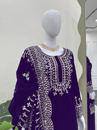 Purple Luxurious Viscose Velvet Plazo Set with Embroidered Dupatta Clothsvilla