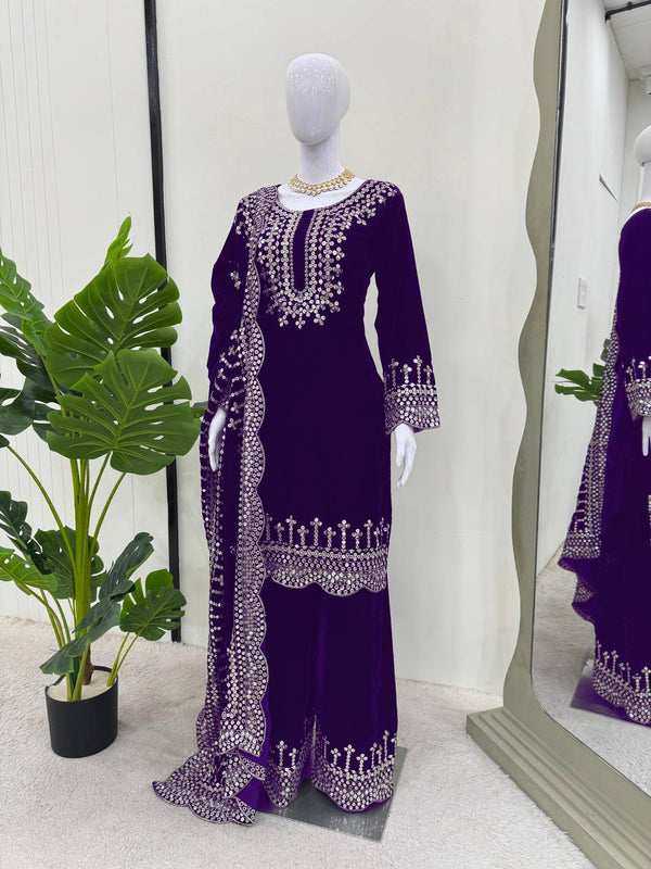 Purple Luxurious Viscose Velvet Plazo Set with Embroidered Dupatta Clothsvilla