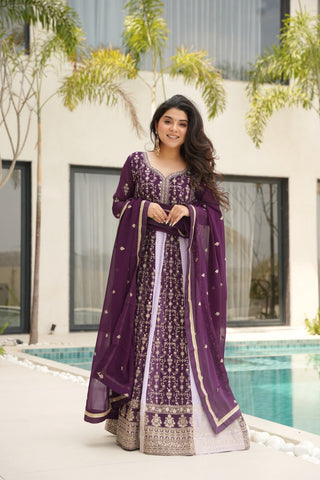 Purple Luxury Faux Blooming Gown Set with Zari & Sequins Embroidery – Kali Cut Design ClothsVilla