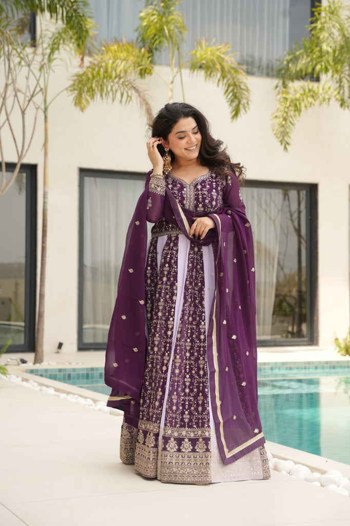 Purple Luxury Faux Blooming Gown Set with Zari & Sequins Embroidery – Kali Cut Design ClothsVilla