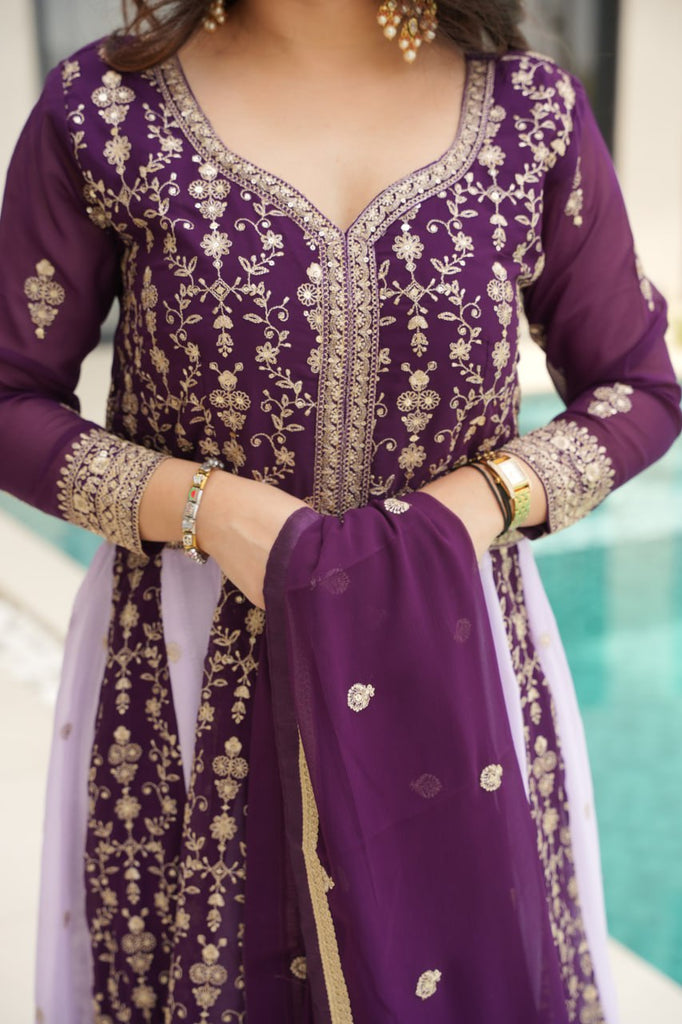 Purple Luxury Faux Blooming Gown Set with Zari & Sequins Embroidery – Kali Cut Design ClothsVilla
