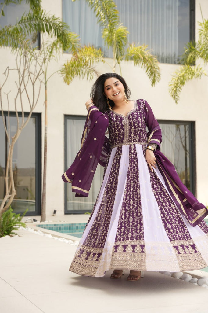 Purple Luxury Faux Blooming Gown Set with Zari & Sequins Embroidery – Kali Cut Design ClothsVilla