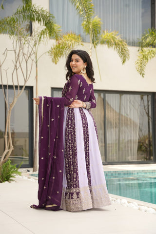 Purple Luxury Faux Blooming Gown Set with Zari & Sequins Embroidery – Kali Cut Design ClothsVilla