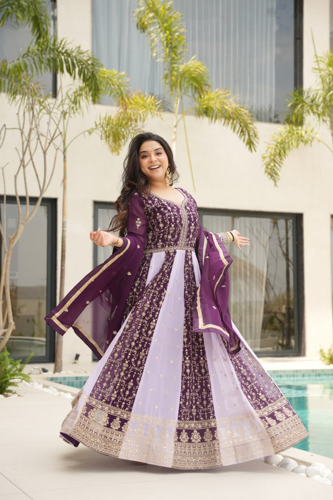 Purple Luxury Faux Blooming Gown Set with Zari & Sequins Embroidery – Kali Cut Design ClothsVilla