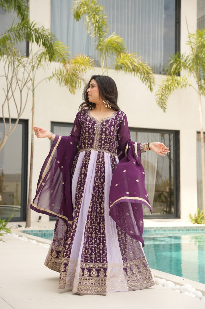 Purple Luxury Faux Blooming Gown Set with Zari & Sequins Embroidery – Kali Cut Design ClothsVilla