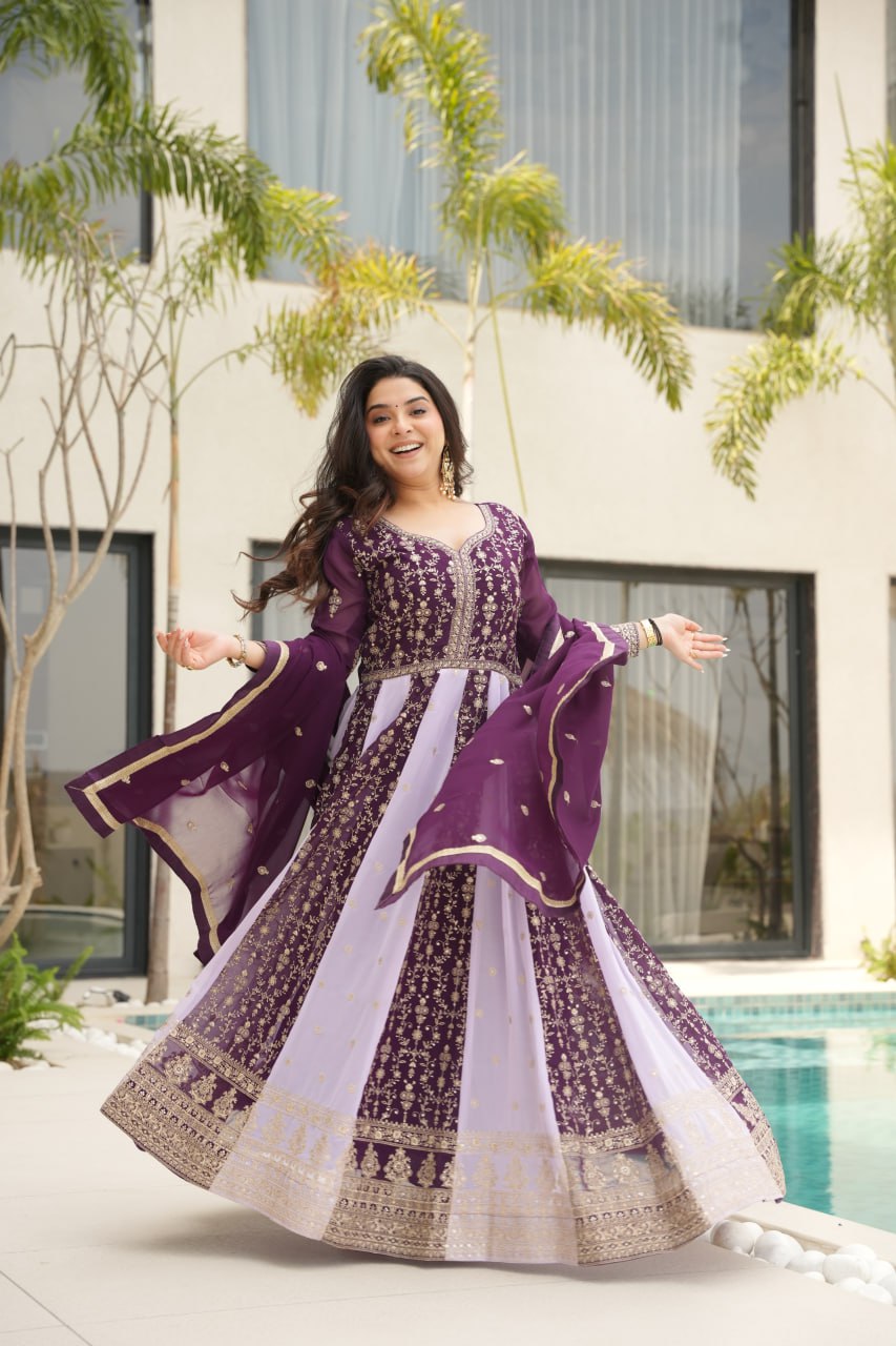 Purple Luxury Faux Blooming Gown Set with Zari & Sequins Embroidery – Kali Cut Design Secondary image