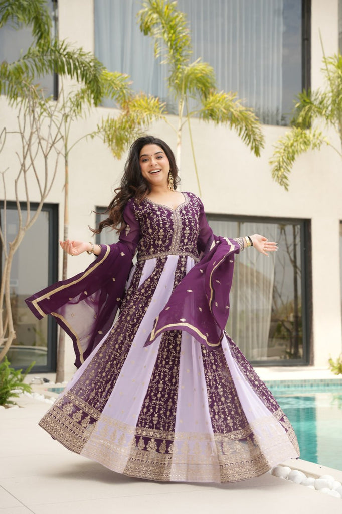 Purple Luxury Faux Blooming Gown Set with Zari & Sequins Embroidery – Kali Cut Design ClothsVilla