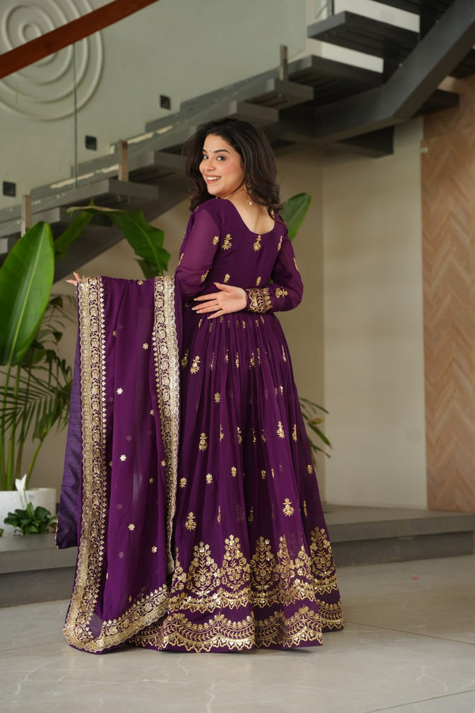 Purple Luxury Faux Blooming Zari & Sequins Embroidered Designer Gown with Matching Dupatta – Stitched Premium Ensemble ClothsVilla