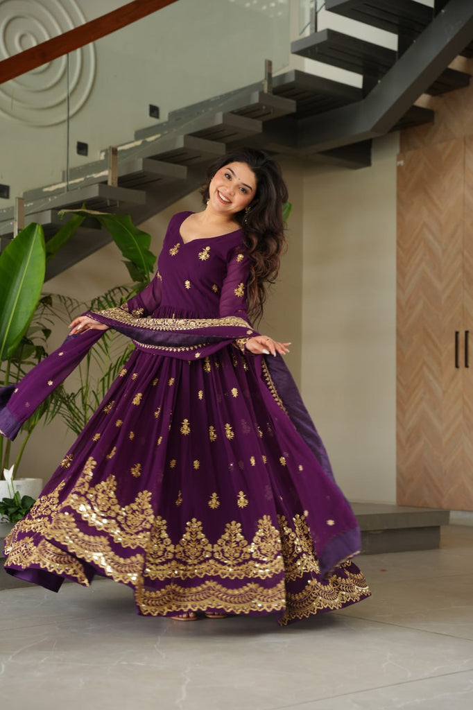 Purple Luxury Faux Blooming Zari & Sequins Embroidered Designer Gown with Matching Dupatta – Stitched Premium Ensemble ClothsVilla
