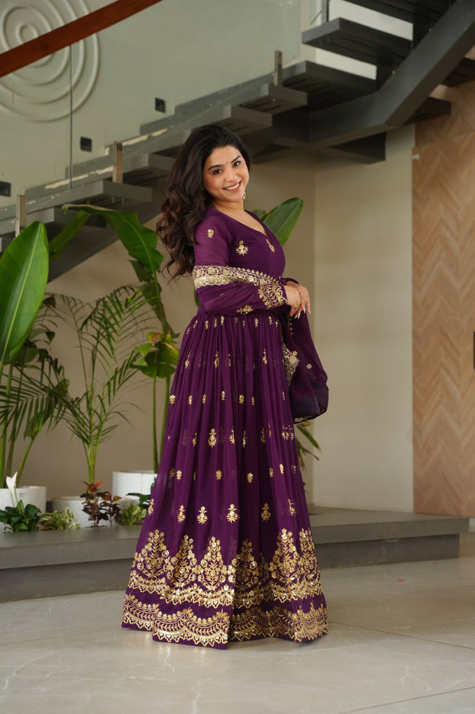Purple Luxury Faux Blooming Zari & Sequins Embroidered Designer Gown with Matching Dupatta – Stitched Premium Ensemble ClothsVilla