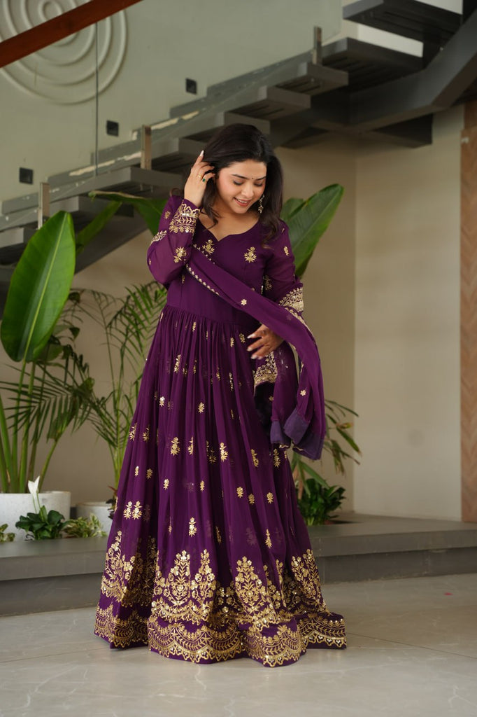 Purple Luxury Faux Blooming Zari & Sequins Embroidered Designer Gown with Matching Dupatta – Stitched Premium Ensemble ClothsVilla