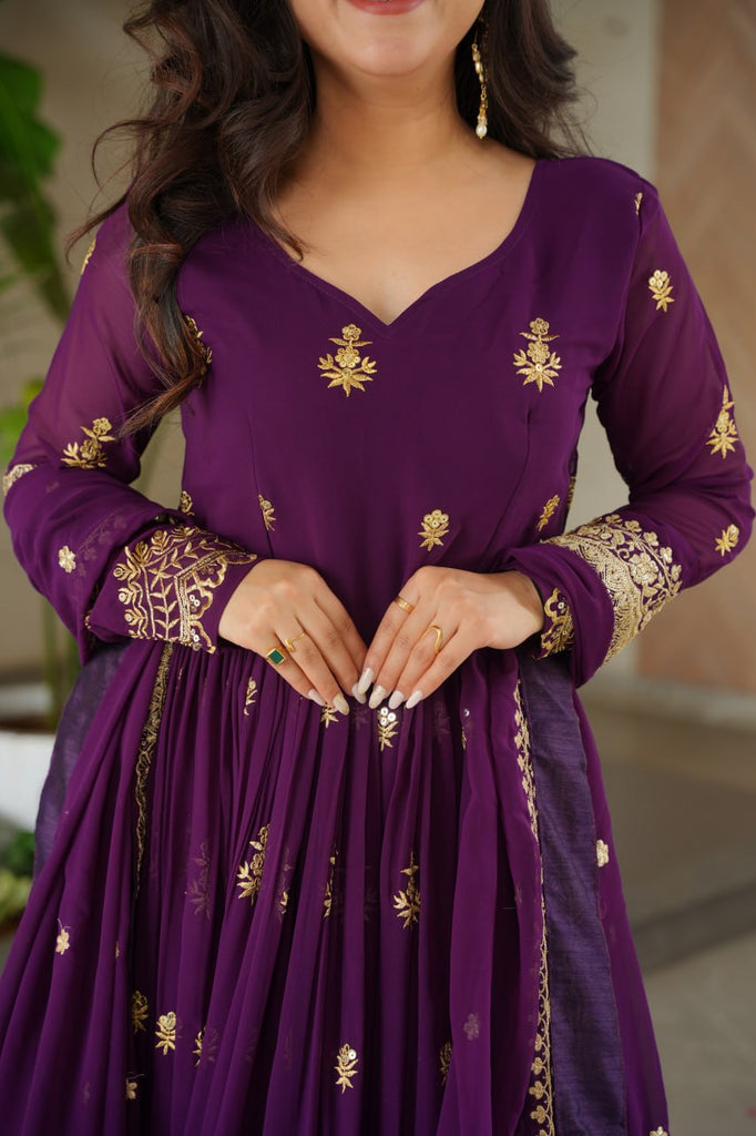 Purple Luxury Faux Blooming Zari & Sequins Embroidered Designer Gown with Matching Dupatta – Stitched Premium Ensemble ClothsVilla