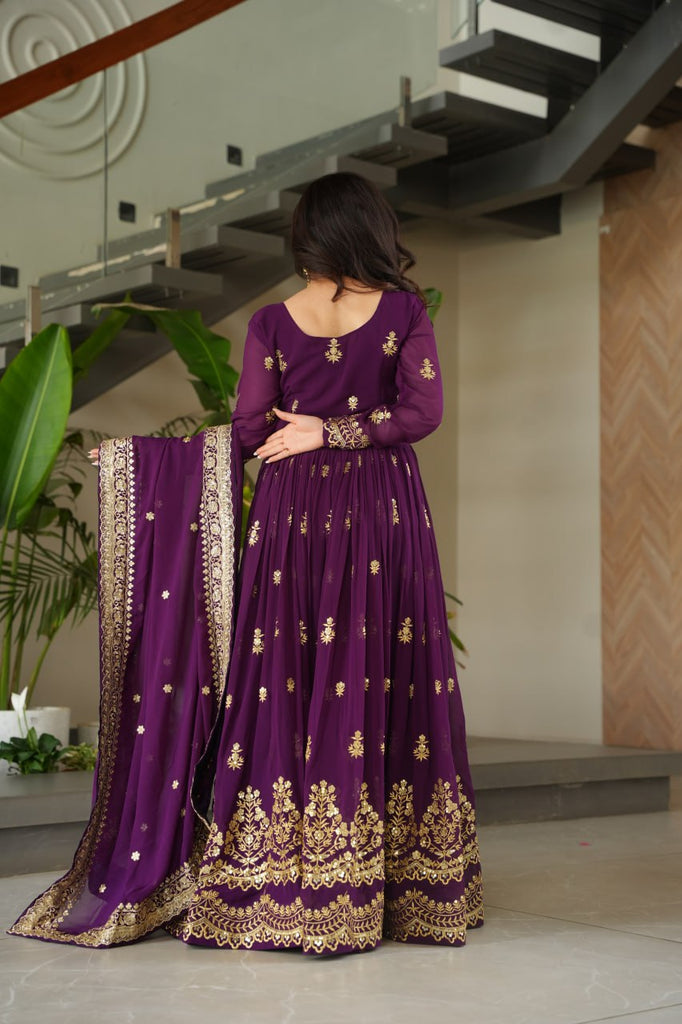 Purple Luxury Faux Blooming Zari & Sequins Embroidered Designer Gown with Matching Dupatta – Stitched Premium Ensemble ClothsVilla