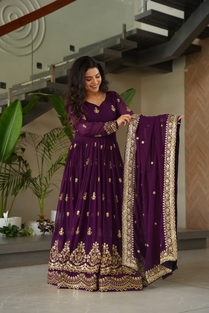 Purple Luxury Faux Blooming Zari & Sequins Embroidered Designer Gown with Matching Dupatta – Stitched Premium Ensemble ClothsVilla