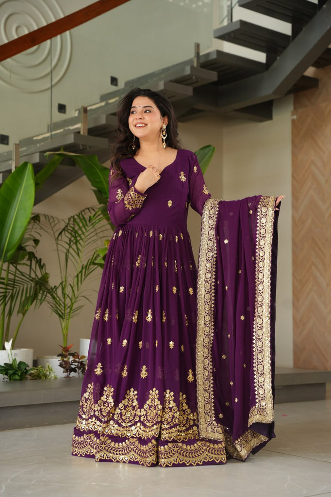 Purple Luxury Faux Blooming Zari & Sequins Embroidered Designer Gown with Matching Dupatta – Stitched Premium Ensemble ClothsVilla