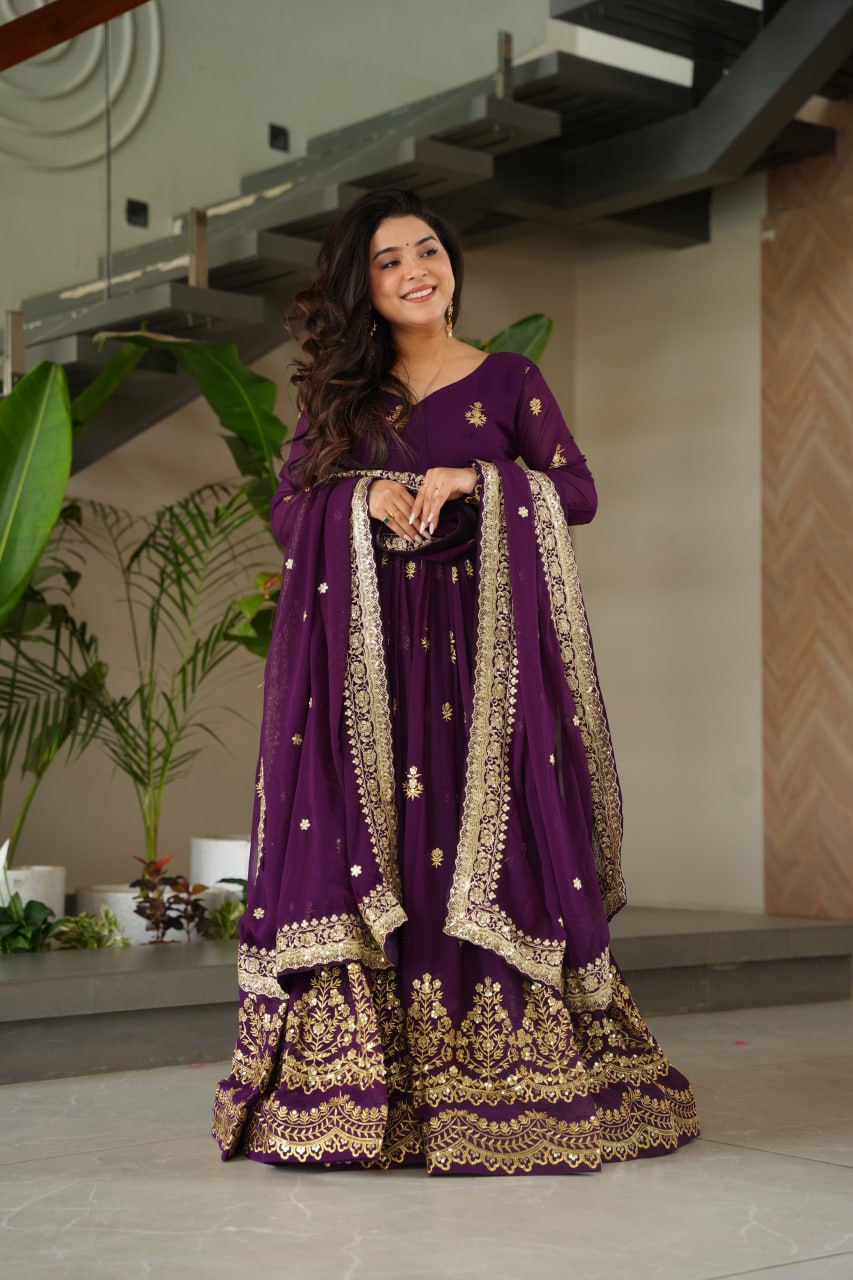 Purple Luxury Faux Blooming Zari & Sequins Embroidered Designer Gown with Matching Dupatta – Stitched Premium Ensemble ClothsVilla