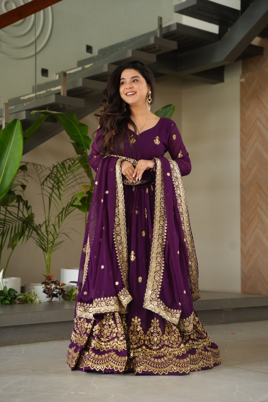 Purple Luxury Faux Blooming Zari & Sequins Embroidered Designer Gown with Matching Dupatta – Stitched Premium Ensemble ClothsVilla