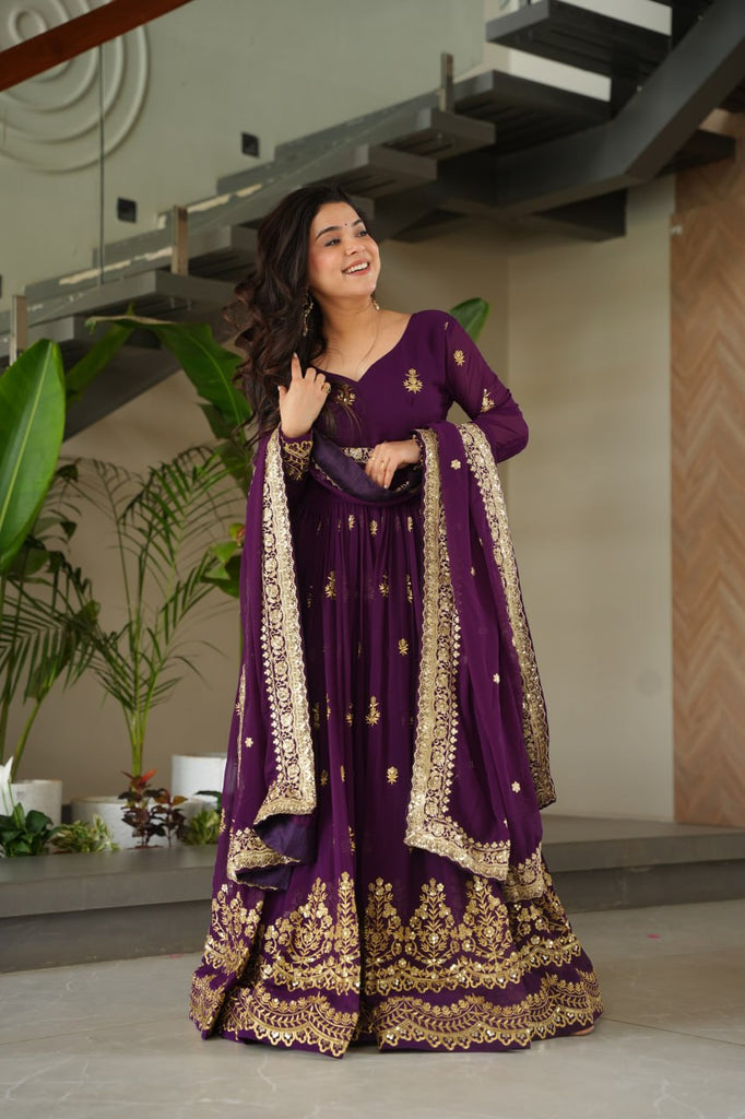 Purple Luxury Faux Blooming Zari & Sequins Embroidered Designer Gown with Matching Dupatta – Stitched Premium Ensemble ClothsVilla