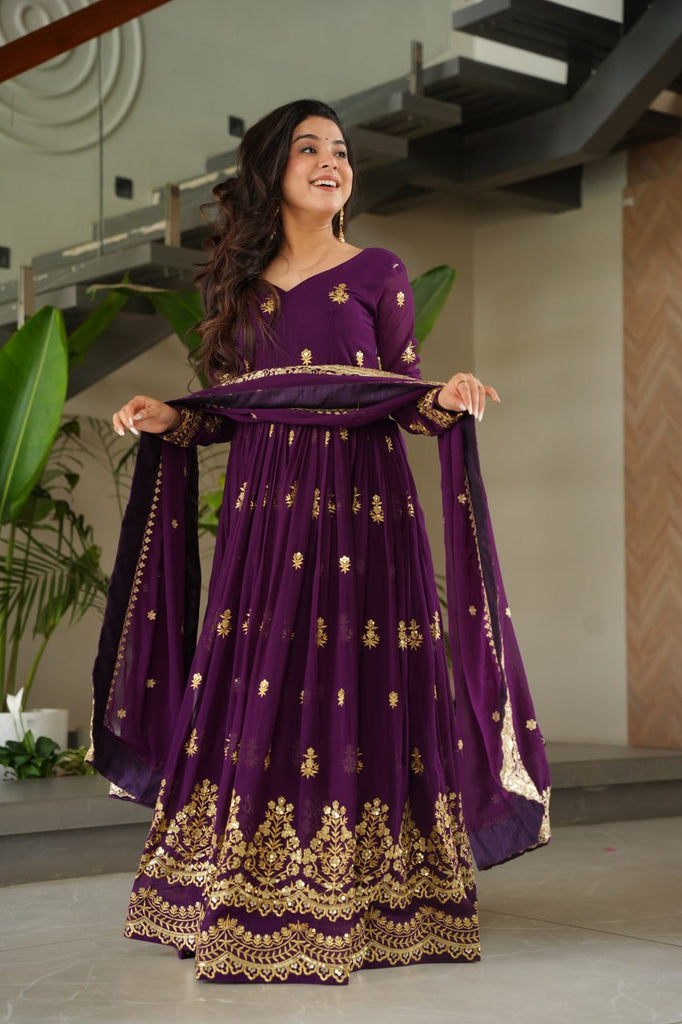 Purple Luxury Faux Blooming Zari & Sequins Embroidered Designer Gown with Matching Dupatta – Stitched Premium Ensemble ClothsVilla