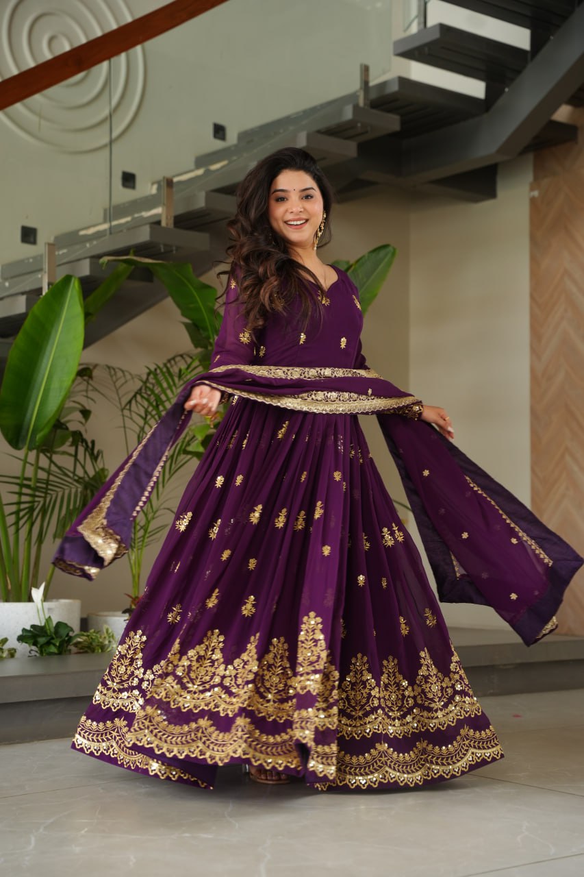 Purple Luxury Faux Blooming Zari & Sequins Embroidered Designer Gown with Matching Dupatta – Stitched Premium Ensemble ClothsVilla