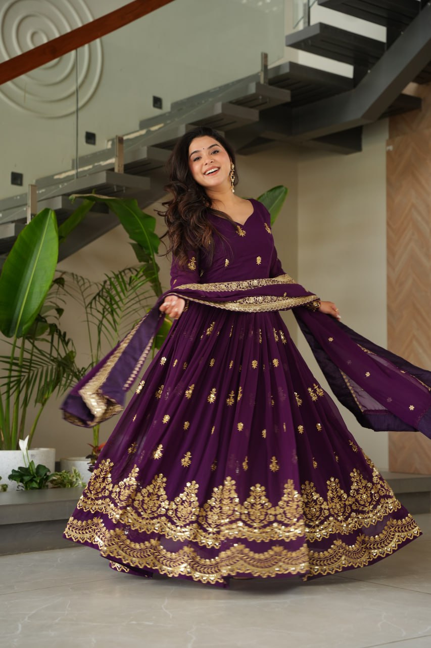 Purple Luxury Faux Blooming Zari & Sequins Embroidered Designer Gown with Matching Dupatta – Stitched Premium Ensemble ClothsVilla