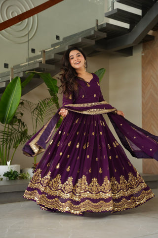 Purple Luxury Faux Blooming Zari & Sequins Embroidered Designer Gown with Matching Dupatta – Stitched Premium Ensemble ClothsVilla