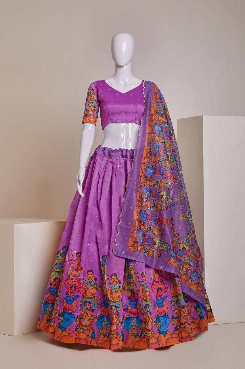 Purple Luxury Heavy Silk Lehenga Set with Embroidery, Sequins & Printed Detailing ClothsVilla