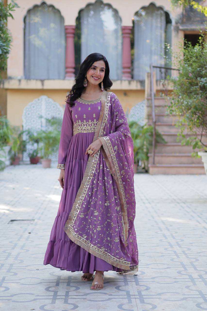 Purple Luxury Star Georgette Gown with Designer Embroidered Dupatta – 5-Layer Frill Flai