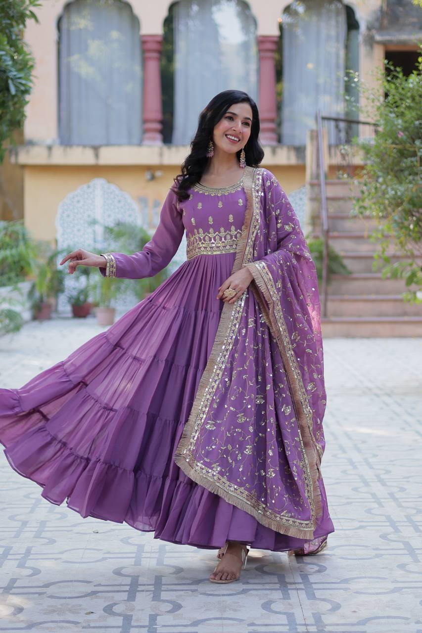 Purple Luxury Star Georgette Gown with Designer Embroidered Dupatta – 5-Layer Frill Flai
