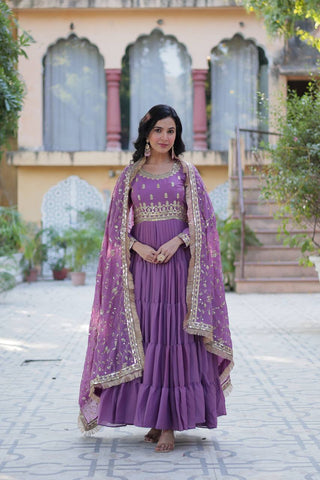 Purple Luxury Star Georgette Gown with Designer Embroidered Dupatta – 5-Layer Frill Flai