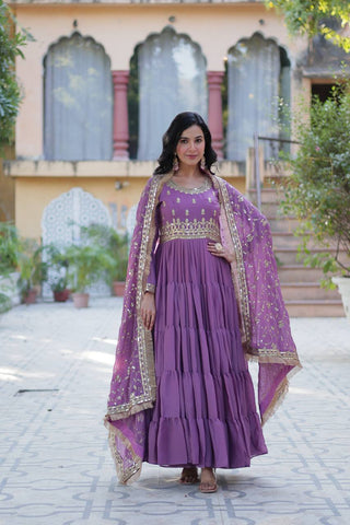 Purple Luxury Star Georgette Gown with Designer Embroidered Dupatta – 5-Layer Frill Flai