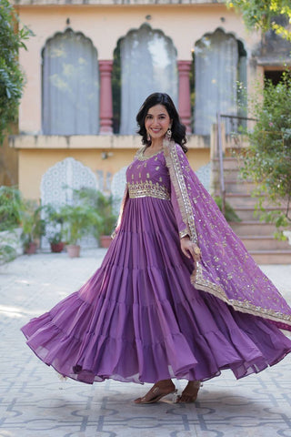 Purple Luxury Star Georgette Gown with Designer Embroidered Dupatta – 5-Layer Frill Flai