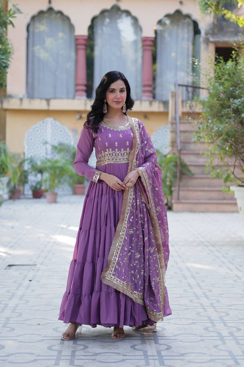 Purple Luxury Star Georgette Gown with Designer Embroidered Dupatta – 5-Layer Frill Flai