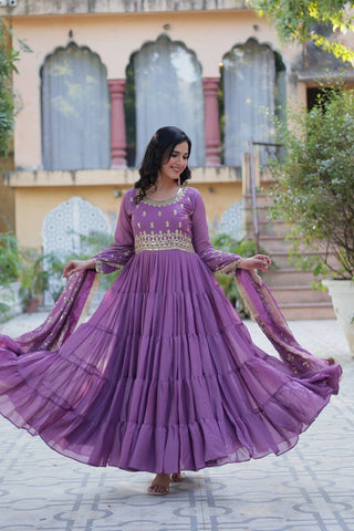 Purple Luxury Star Georgette Gown with Designer Embroidered Dupatta – 5-Layer Frill Flai