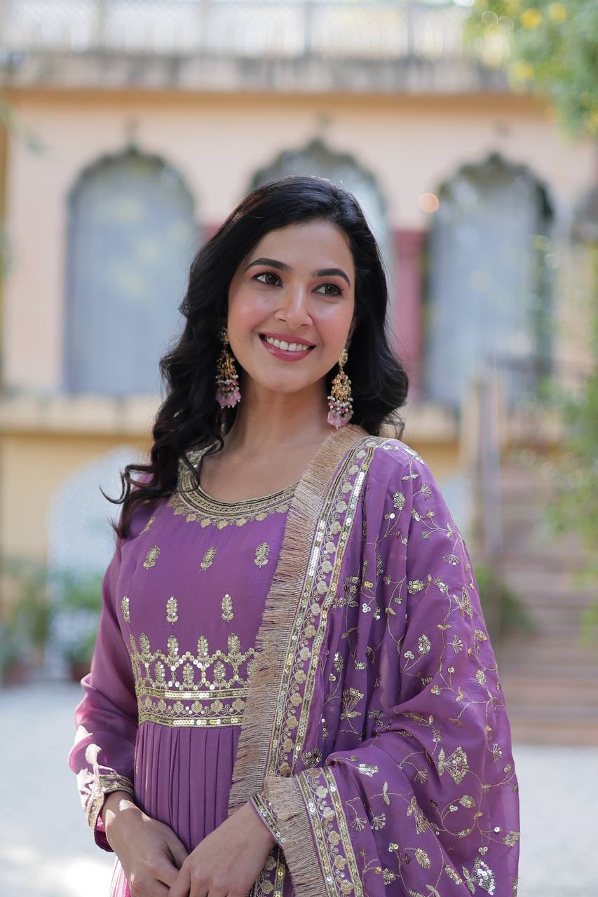 Purple Luxury Star Georgette Gown with Designer Embroidered Dupatta – 5-Layer Frill Flai