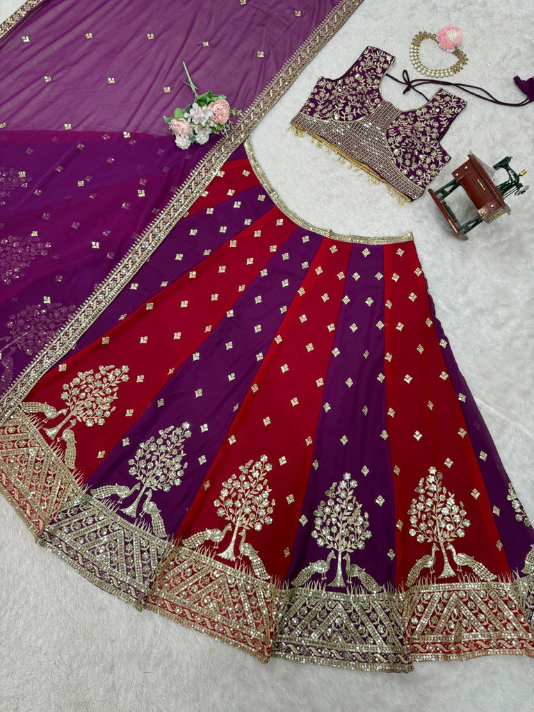 Purple & Maroon Designer Faux Georgette Embroidered Lehenga Choli Set with Dupatta ClothsVilla