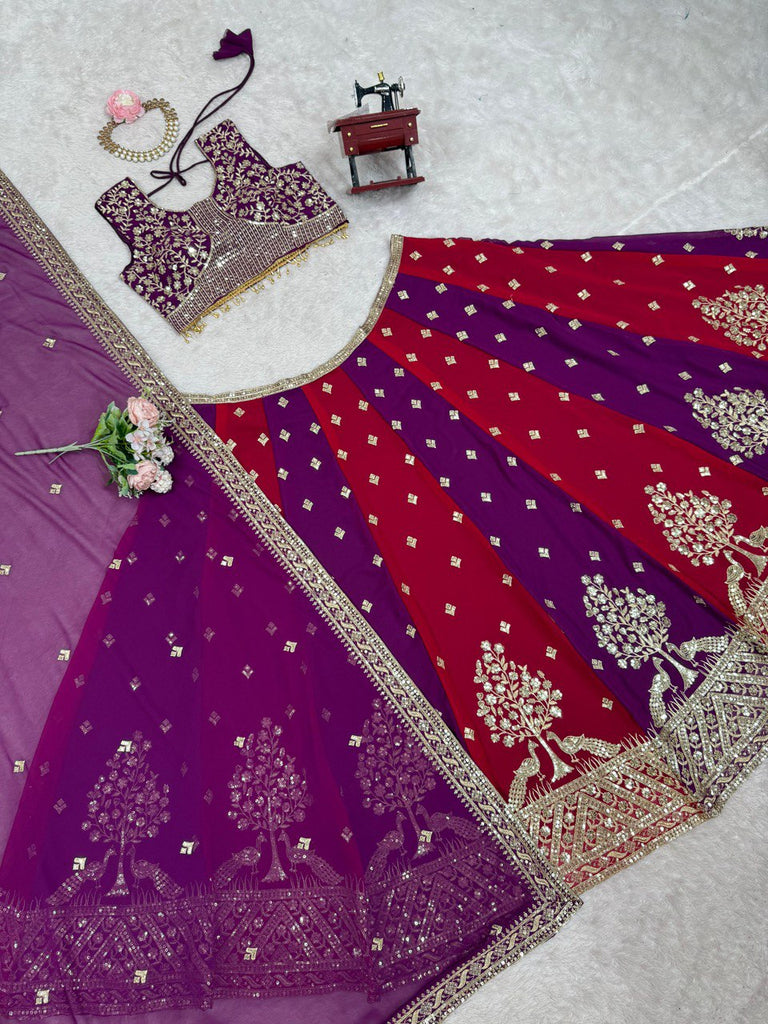 Purple & Maroon Designer Faux Georgette Embroidered Lehenga Choli Set with Dupatta ClothsVilla