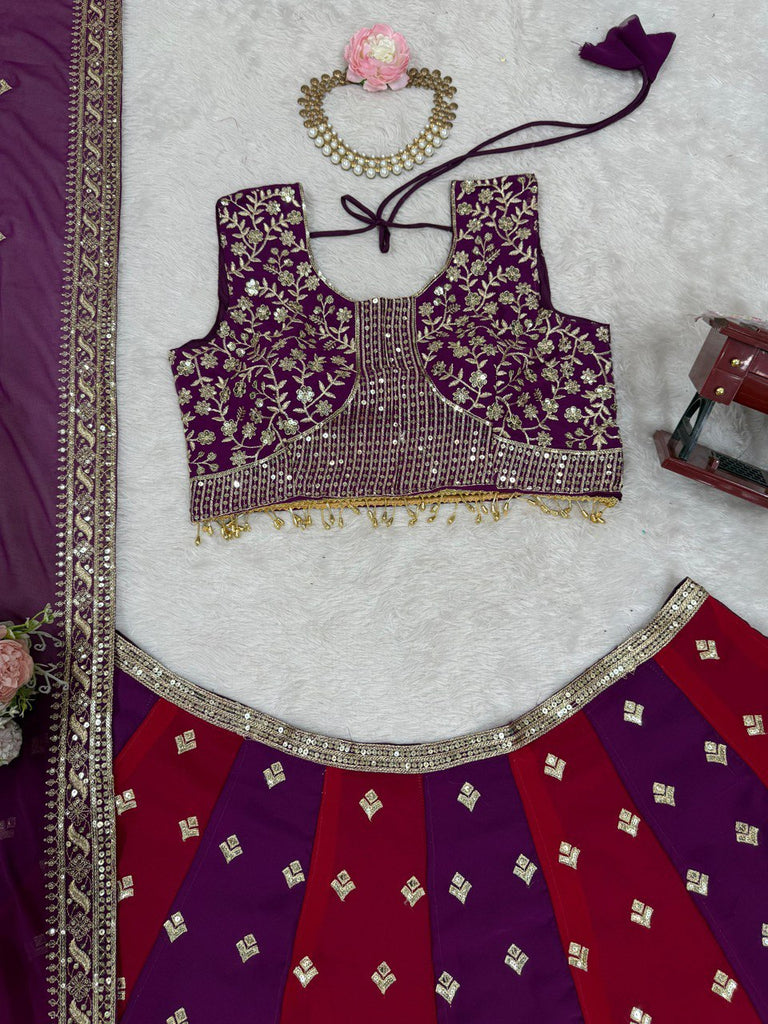 Purple & Maroon Designer Faux Georgette Embroidered Lehenga Choli Set with Dupatta ClothsVilla