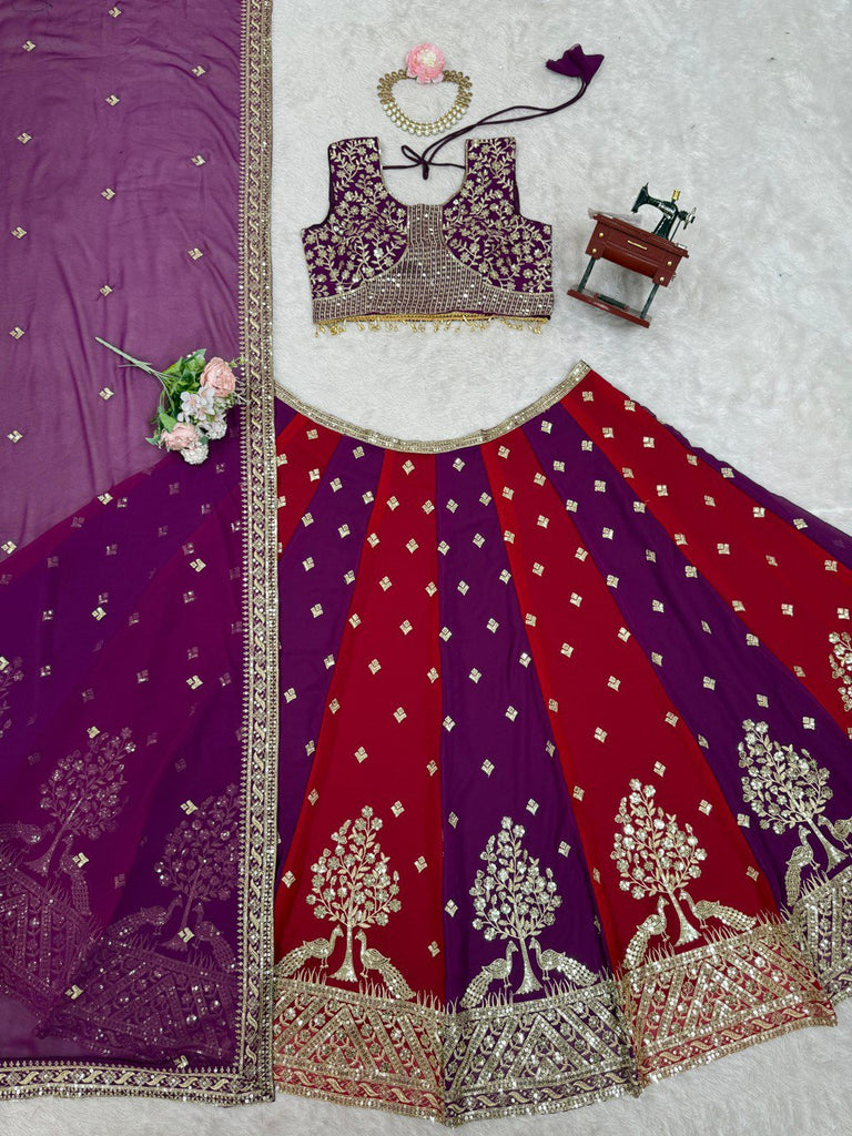 Purple & Maroon Designer Faux Georgette Embroidered Lehenga Choli Set with Dupatta ClothsVilla
