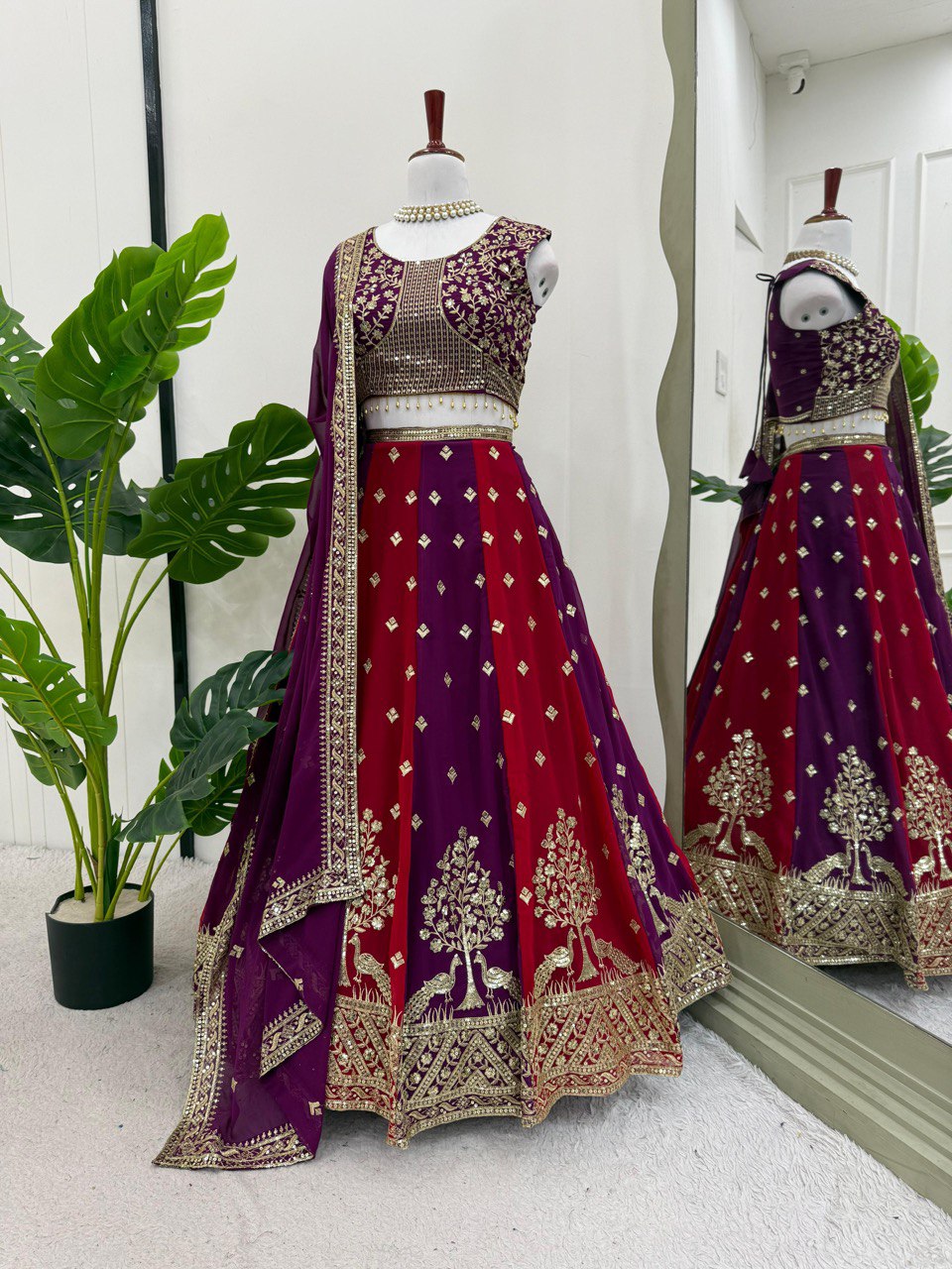Purple & Maroon Designer Faux Georgette Embroidered Lehenga Choli Set with Dupatta ClothsVilla