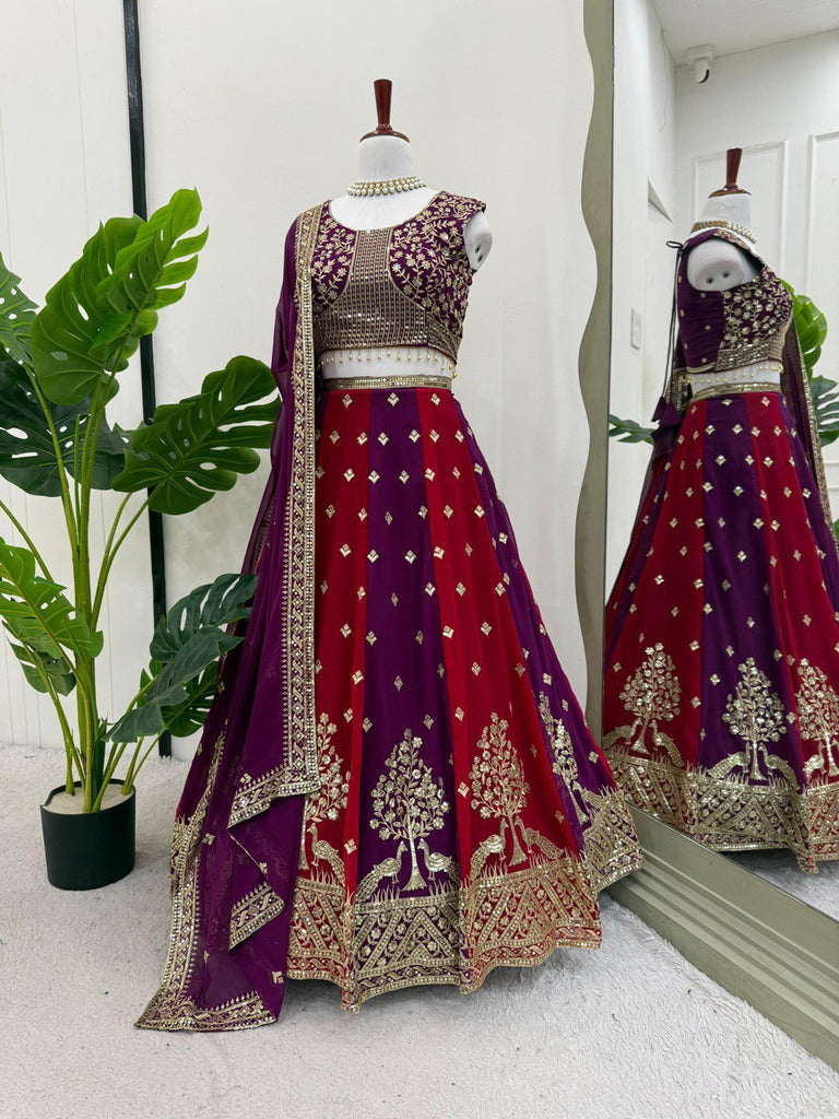 Purple & Maroon Designer Faux Georgette Embroidered Lehenga Choli Set with Dupatta ClothsVilla