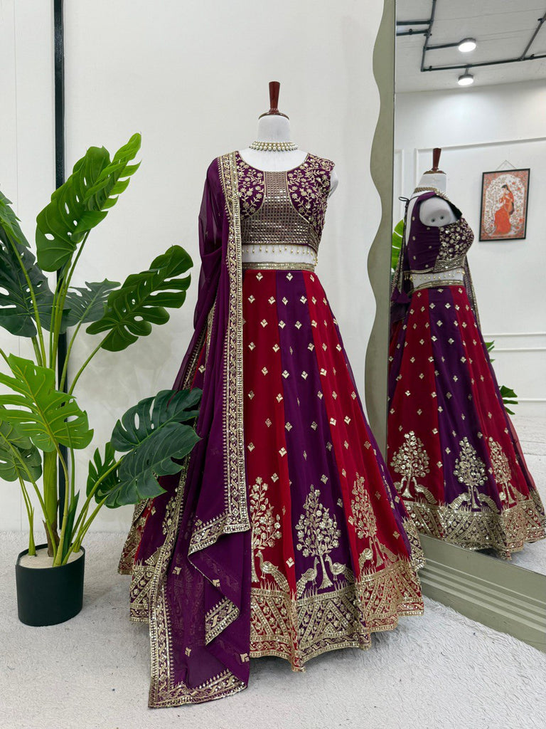Purple & Maroon Designer Faux Georgette Embroidered Lehenga Choli Set with Dupatta ClothsVilla