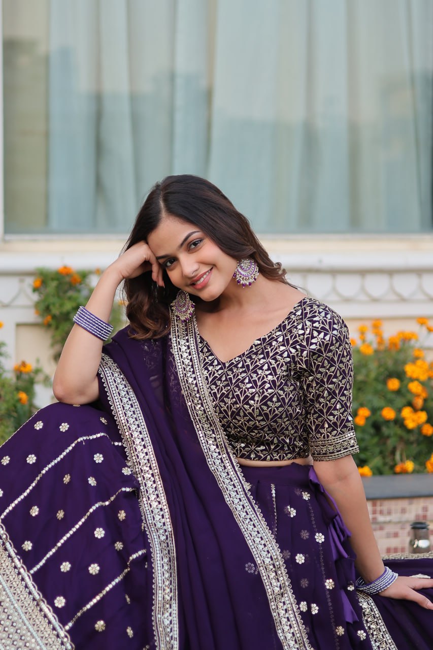 Purple Mesmerizing Faux Blooming Lehenga Choli with Dupatta Set ClothsVilla.com