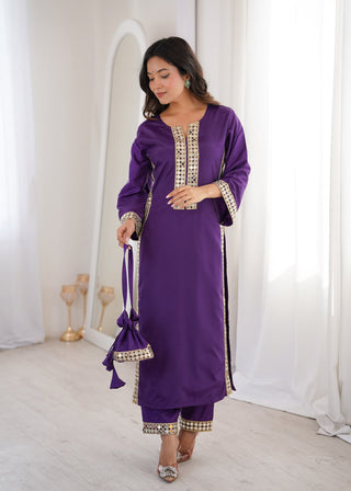 Purple Mirror Work Kurti Pant Set & Batwa ClothsVilla
