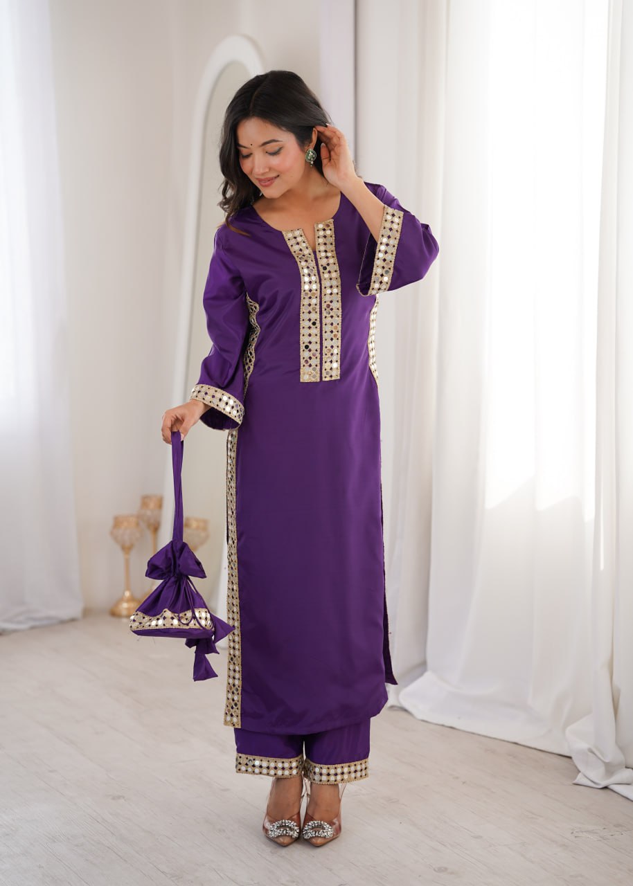 Purple Mirror Work Kurti Pant Set & Batwa ClothsVilla