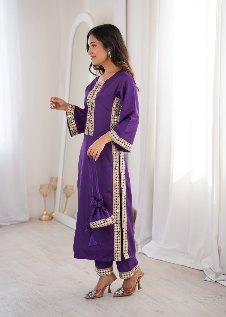 Purple Mirror Work Kurti Pant Set & Batwa ClothsVilla