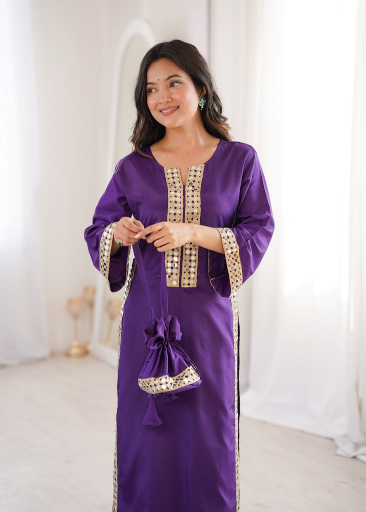 Purple Mirror Work Kurti Pant Set & Batwa ClothsVilla