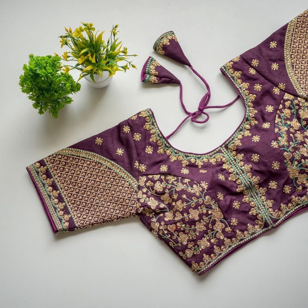 Purple Mulmul Silk Blouse with Golden Embroidery and Sequins ClothsVilla